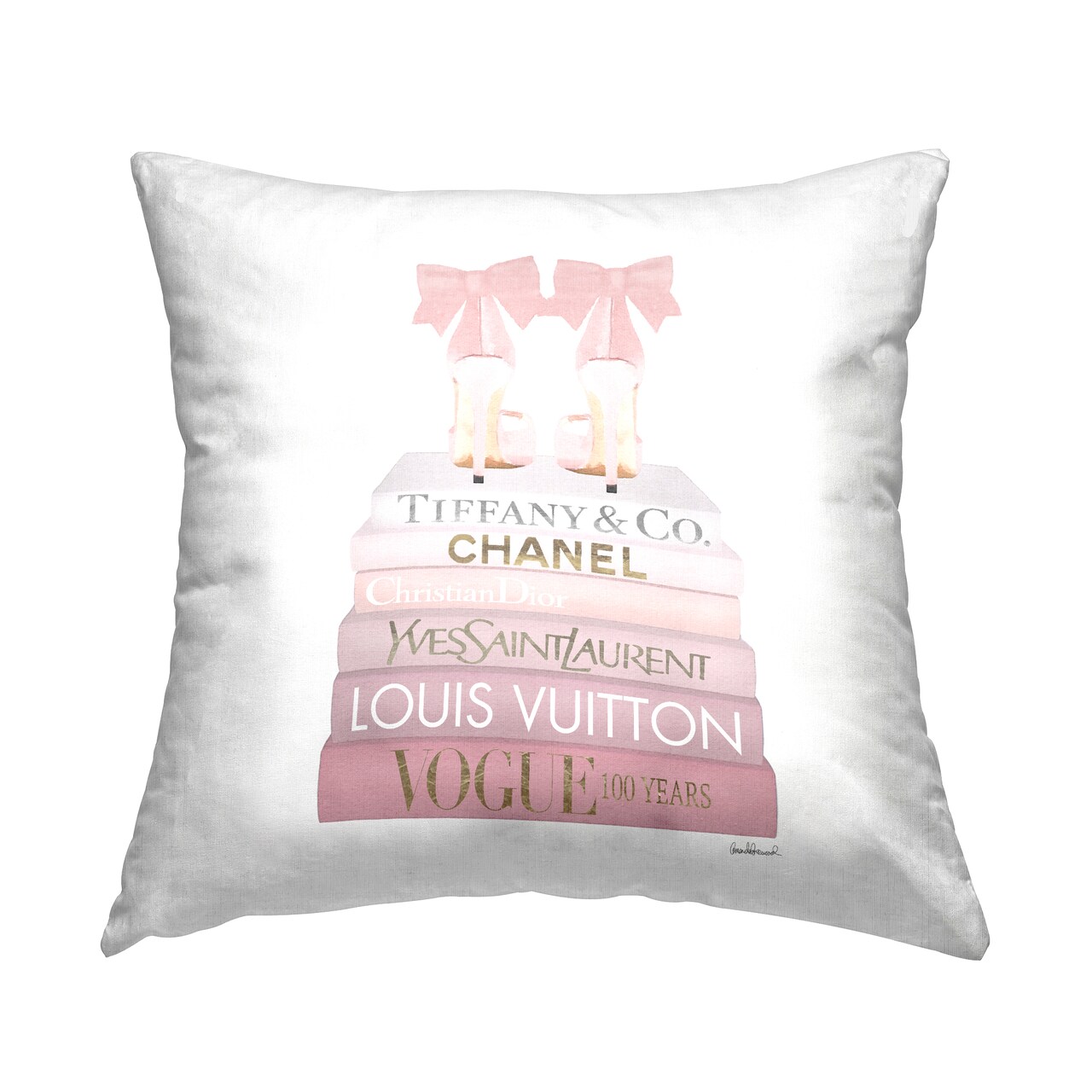Stupell Industries Pastel Pink Bow Heels Glam Fashion Bookstack Decorative Printed Throw Pillow